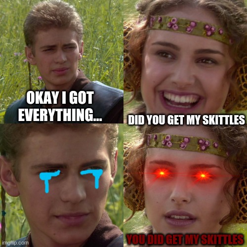 Anakin Padme 4 Panel | OKAY I GOT EVERYTHING... DID YOU GET MY SKITTLES; YOU DID GET MY SKITTLES | image tagged in anakin padme 4 panel | made w/ Imgflip meme maker