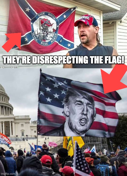 THEY'RE DISRESPECTING THE FLAG! | image tagged in right wing dumbass,capitol hill riot | made w/ Imgflip meme maker