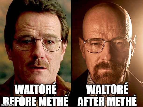 poor waltoré | WALTORÉ AFTER METHÉ; WALTORÉ BEFORE METHÉ | image tagged in walter white before and after | made w/ Imgflip meme maker