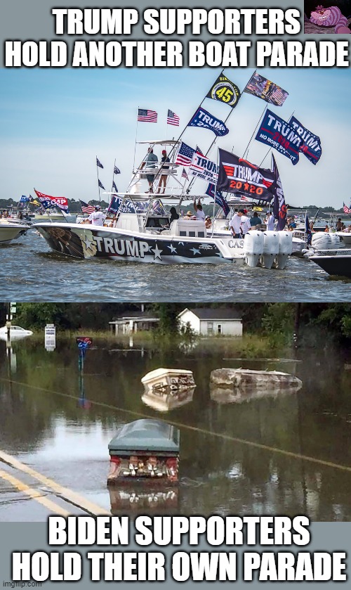 For someone who supposedly got 81 million votes, there doesn't seem to be much enthuseism for Biden | TRUMP SUPPORTERS HOLD ANOTHER BOAT PARADE; BIDEN SUPPORTERS HOLD THEIR OWN PARADE | image tagged in trump parade,caskets | made w/ Imgflip meme maker
