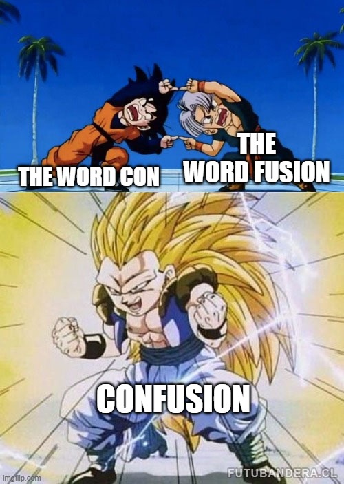 confooz | THE WORD FUSION; THE WORD CON; CONFUSION | image tagged in dbz fusion | made w/ Imgflip meme maker