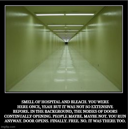 backroom #2 | SMELL OF HOSPITAL AND BLEACH. YOU WERE HERE ONCE, YEAH BUT IT WAS NOT SO EXTENSIVE BEFORE. IN THE BACKGROUND, THE NOISES OF DOORS CONTINUALLY OPENING. PEOPLE MAYBE. MAYBE NOT. YOU RUN ANYWAY. DOOR OPENS. FINALLY. FREE. NO. IT WAS THERE TOO. | image tagged in hospital | made w/ Imgflip meme maker