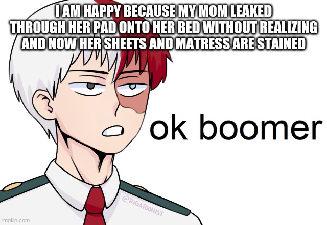 ok boomer | I AM HAPPY BECAUSE MY MOM LEAKED THROUGH HER PAD ONTO HER BED WITHOUT REALIZING AND NOW HER SHEETS AND MATRESS ARE STAINED | image tagged in ok boomer | made w/ Imgflip meme maker