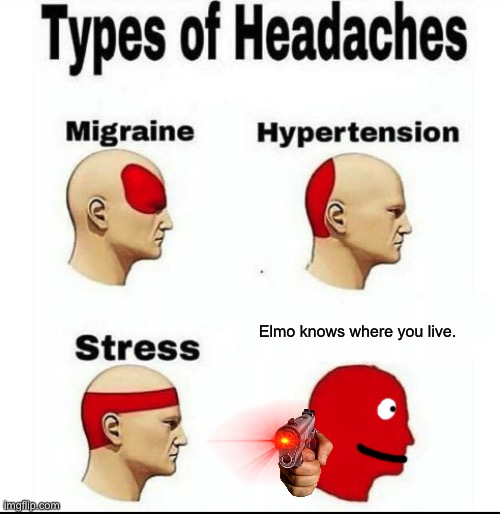 Ahhhhh! | Elmo knows where you live. | image tagged in types of headaches meme | made w/ Imgflip meme maker