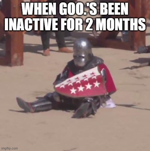 Sad crusader noises | WHEN GOO.'S BEEN INACTIVE FOR 2 MONTHS | image tagged in sad crusader noises | made w/ Imgflip meme maker