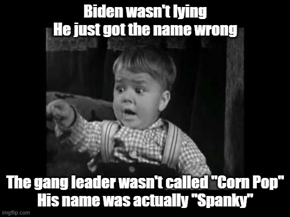 Spanky | Biden wasn't lying
He just got the name wrong; The gang leader wasn't called "Corn Pop"
His name was actually "Spanky" | image tagged in spanky | made w/ Imgflip meme maker