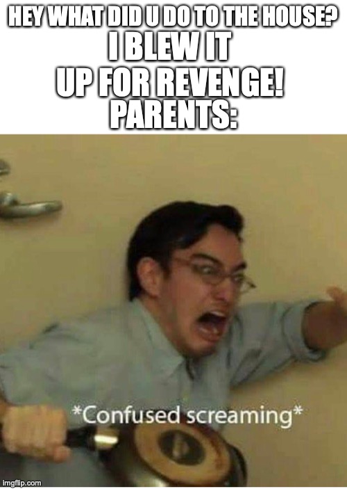 Arsonist | I BLEW IT UP FOR REVENGE! HEY WHAT DID U DO TO THE HOUSE? PARENTS: | image tagged in confused screaming | made w/ Imgflip meme maker