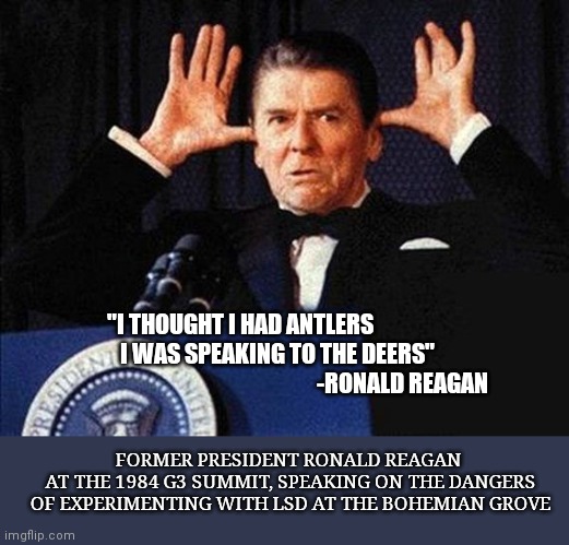 NO COMO USTADES FRIEND | "I THOUGHT I HAD ANTLERS
   I WAS SPEAKING TO THE DEERS"
                                                -RONALD REAGAN; FORMER PRESIDENT RONALD REAGAN 
AT THE 1984 G3 SUMMIT, SPEAKING ON THE DANGERS OF EXPERIMENTING WITH LSD AT THE BOHEMIAN GROVE | image tagged in ronald regan,lsd,war on drugs,drugs,politics lol,history channel | made w/ Imgflip meme maker