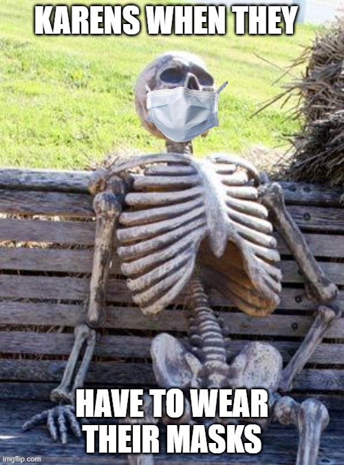 Waiting Skeleton | KARENS WHEN THEY; HAVE TO WEAR THEIR MASKS | image tagged in memes,waiting skeleton | made w/ Imgflip meme maker