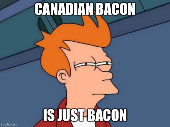 Futurama Fry Meme | CANADIAN BACON; IS JUST BACON | image tagged in memes,futurama fry | made w/ Imgflip meme maker