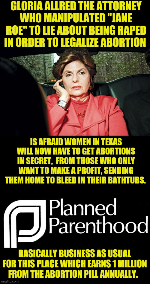 FYI- the pill is a diy abortion from home.  Many women have died from it.  Not that Planned Parenthood cares. | GLORIA ALLRED THE ATTORNEY WHO MANIPULATED "JANE ROE" TO LIE ABOUT BEING RAPED IN ORDER TO LEGALIZE ABORTION; IS AFRAID WOMEN IN TEXAS WILL NOW HAVE TO GET ABORTIONS IN SECRET,  FROM THOSE WHO ONLY WANT TO MAKE A PROFIT, SENDING THEM HOME TO BLEED IN THEIR BATHTUBS. BASICALLY BUSINESS AS USUAL FOR THIS PLACE WHICH EARNS 1 MILLION FROM THE ABORTION PILL ANNUALLY. | image tagged in gloria allred,planned parenthood,abortion | made w/ Imgflip meme maker