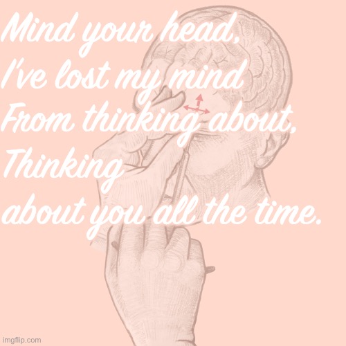 First person to get this gets a herovke | Mind your head,
I’ve lost my mind; From thinking about, 
Thinking about you all the time. | made w/ Imgflip meme maker
