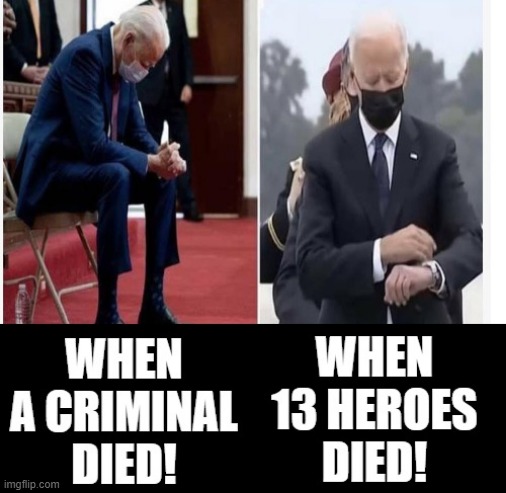 Biden, When a Criminal Died, When 13 HEROES Died!! | image tagged in stupid liberals,fake people,fake,biden,idiot,moron | made w/ Imgflip meme maker