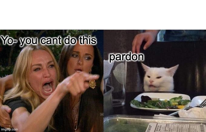 Yo- you cant do this pardon | image tagged in memes,woman yelling at cat | made w/ Imgflip meme maker