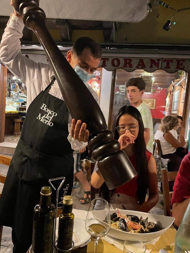 Waiter With A Giant Pepper Grinder Blank Meme Template