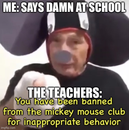 Banned From The Mickey Mouse Club | ME: SAYS DAMN AT SCHOOL; THE TEACHERS: | image tagged in banned from the mickey mouse club | made w/ Imgflip meme maker
