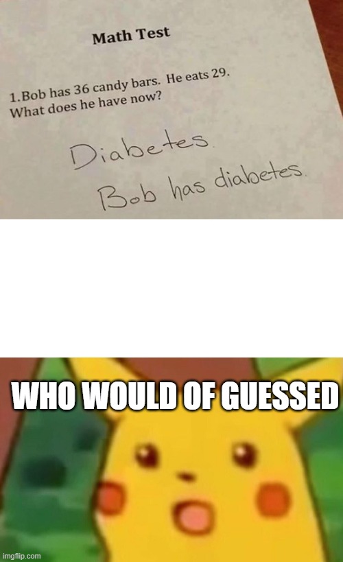 Bob has diabetes | WHO WOULD OF GUESSED | image tagged in memes,surprised pikachu,bob has diabetes,fun | made w/ Imgflip meme maker