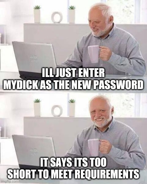 Ouch | ILL JUST ENTER MYDICK AS THE NEW PASSWORD; IT SAYS ITS TOO SHORT TO MEET REQUIREMENTS | image tagged in memes,hide the pain harold | made w/ Imgflip meme maker