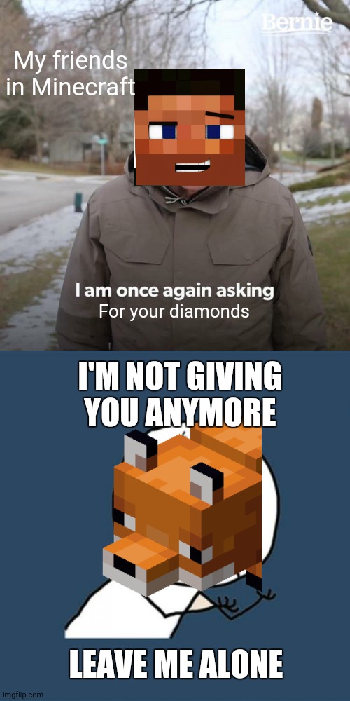 When your friend wants diamonds | My friends in Minecraft; For your diamonds; I'M NOT GIVING YOU ANYMORE; LEAVE ME ALONE | image tagged in memes,bernie i am once again asking for your support,y u no | made w/ Imgflip meme maker