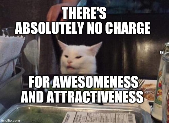 Salad cat | THERE'S ABSOLUTELY NO CHARGE; J M; FOR AWESOMENESS AND ATTRACTIVENESS | image tagged in salad cat | made w/ Imgflip meme maker