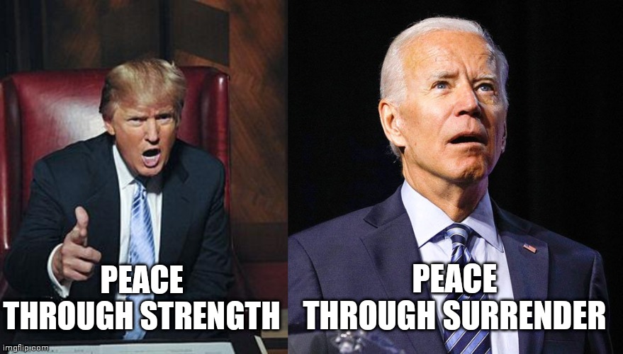 Leadership styles | PEACE THROUGH STRENGTH; PEACE THROUGH SURRENDER | image tagged in donald trump you're fired,joe biden | made w/ Imgflip meme maker