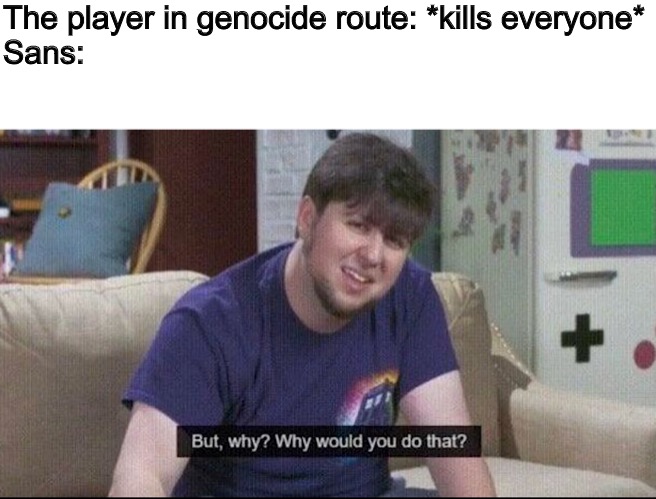 But why why would you do that? | The player in genocide route: *kills everyone*
Sans: | image tagged in but why why would you do that | made w/ Imgflip meme maker