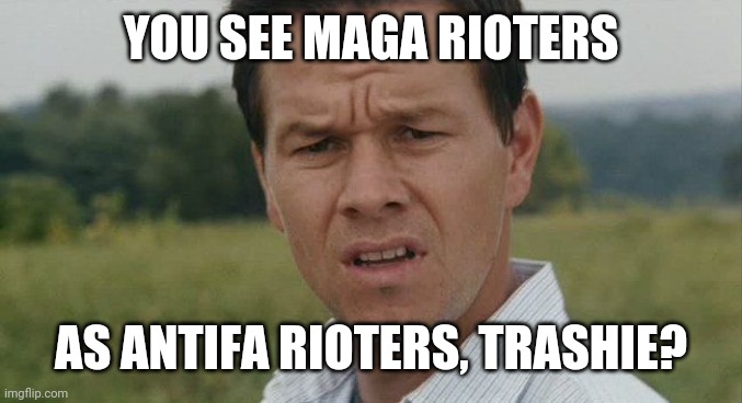 Mark Wahlburg confused | YOU SEE MAGA RIOTERS AS ANTIFA RIOTERS, TRASHIE? | image tagged in mark wahlburg confused | made w/ Imgflip meme maker