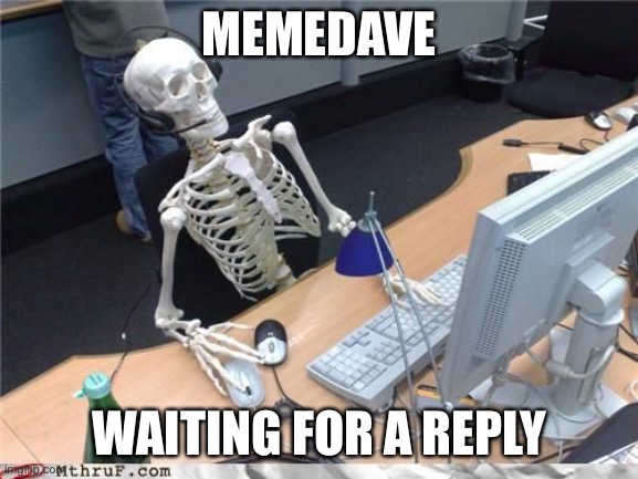 Skeleton Computer | MEMEDAVE WAITING FOR A REPLY | image tagged in skeleton computer | made w/ Imgflip meme maker
