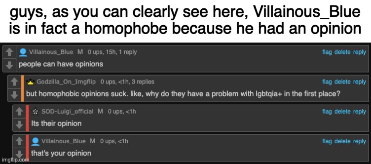 guys, as you can clearly see here, Villainous_Blue is in fact a homophobe because he had an opinion | made w/ Imgflip meme maker