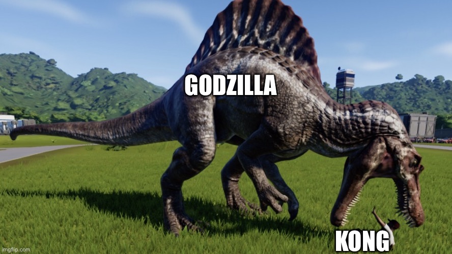 Spinosaurus eating a person | GODZILLA; KONG | image tagged in spinosaurus eating a person | made w/ Imgflip meme maker