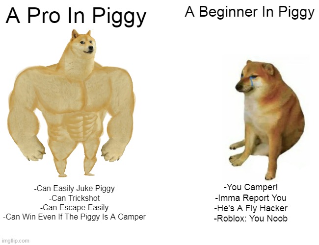 Piggy Memes 4 | A Pro In Piggy; A Beginner In Piggy; -Can Easily Juke Piggy
-Can Trickshot
-Can Escape Easily
-Can Win Even If The Piggy Is A Camper; -You Camper!
-Imma Report You
-He's A Fly Hacker
-Roblox: You Noob | image tagged in memes,buff doge vs cheems | made w/ Imgflip meme maker