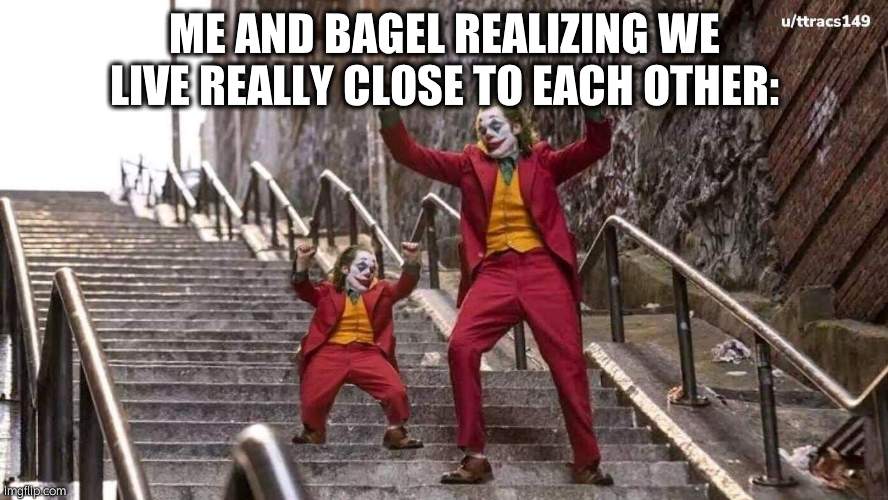 Joker and mini joker | ME AND BAGEL REALIZING WE LIVE REALLY CLOSE TO EACH OTHER: | image tagged in joker and mini joker | made w/ Imgflip meme maker