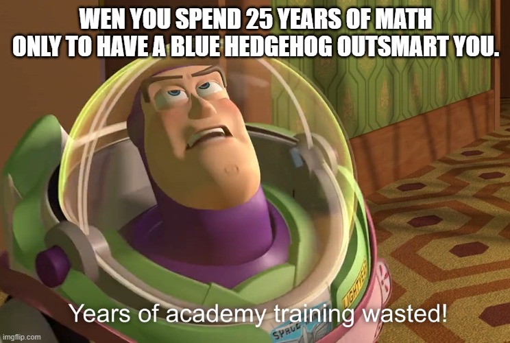 years of academy training wasted | WEN YOU SPEND 25 YEARS OF MATH ONLY TO HAVE A BLUE HEDGEHOG OUTSMART YOU. | image tagged in years of academy training wasted | made w/ Imgflip meme maker