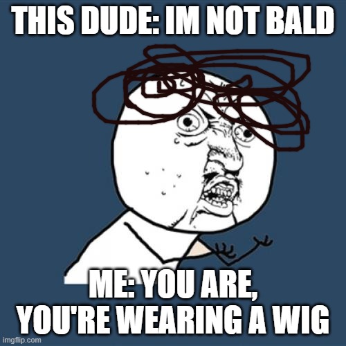 Y U No | THIS DUDE: IM NOT BALD; ME: YOU ARE, YOU'RE WEARING A WIG | image tagged in memes,y u no | made w/ Imgflip meme maker
