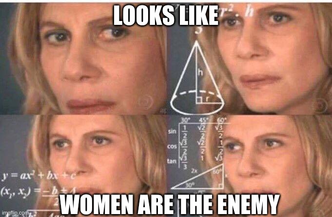 Math lady/Confused lady | LOOKS LIKE WOMEN ARE THE ENEMY | image tagged in math lady/confused lady | made w/ Imgflip meme maker