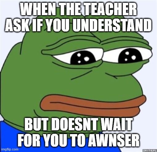 sad frog |  WHEN THE TEACHER ASK IF YOU UNDERSTAND; BUT DOESNT WAIT FOR YOU TO AWNSER | image tagged in sad frog | made w/ Imgflip meme maker