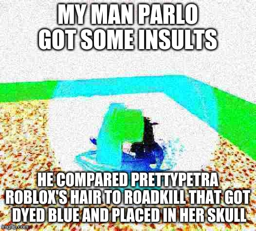 idiot ascends.mp4 | MY MAN PARLO GOT SOME INSULTS; HE COMPARED PRETTYPETRA ROBLOX'S HAIR TO ROADKILL THAT GOT  DYED BLUE AND PLACED IN HER SKULL | image tagged in idiot ascends mp4 | made w/ Imgflip meme maker