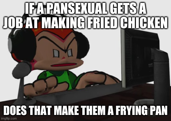 pico lookin at da computer like bruh | IF A PANSEXUAL GETS A JOB AT MAKING FRIED CHICKEN; DOES THAT MAKE THEM A FRYING PAN | image tagged in pico lookin at da computer like bruh | made w/ Imgflip meme maker
