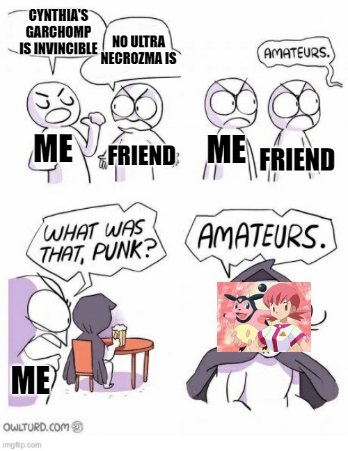 Amateurs | CYNTHIA'S GARCHOMP IS INVINCIBLE; NO ULTRA NECROZMA IS; ME; ME; FRIEND; FRIEND; ME | image tagged in amateurs | made w/ Imgflip meme maker