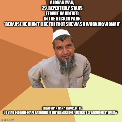 Ordinary Muslim Man Meme | AFGHAN MAN, 29, REPEATEDLY STABS FEMALE GARDENER IN THE NECK IN PARK 'BECAUSE HE DIDN’T LIKE THE FACT SHE WAS A WORKING WOMAN'; THE AFGHAN MAN ATTACKED THE 58-YEAR-OLD LANDSCAPE GARDENER IN THE WILMERSDORF DISTRICT OF BERLIN ON SATURDAY | image tagged in memes,ordinary muslim man | made w/ Imgflip meme maker