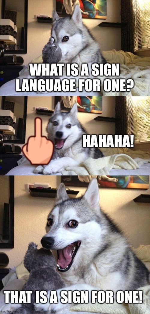 A sign language joke | WHAT IS A SIGN LANGUAGE FOR ONE? HAHAHA! THAT IS A SIGN FOR ONE! | image tagged in memes,bad pun dog,sign language,one,middle finger | made w/ Imgflip meme maker