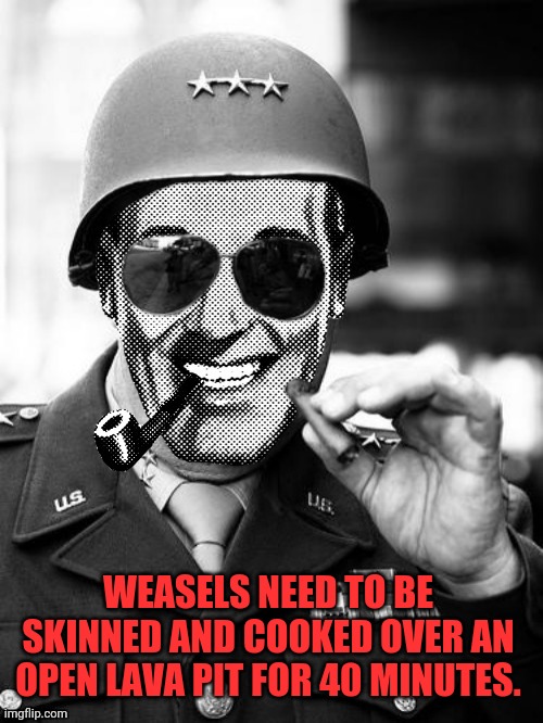 General Strangmeme | WEASELS NEED TO BE SKINNED AND COOKED OVER AN OPEN LAVA PIT FOR 40 MINUTES. | image tagged in general strangmeme | made w/ Imgflip meme maker