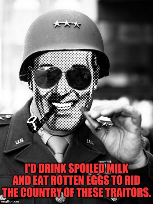 General Strangmeme | I'D DRINK SPOILED MILK AND EAT ROTTEN EGGS TO RID THE COUNTRY OF THESE TRAITORS. | image tagged in general strangmeme | made w/ Imgflip meme maker