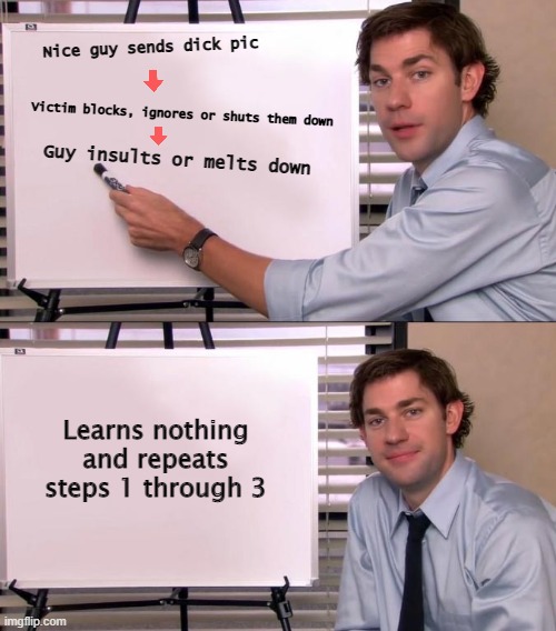 Jim Halpert Explains | Nice guy sends dick pic; Victim blocks, ignores or shuts them down; Guy insults or melts down; Learns nothing and repeats steps 1 through 3 | image tagged in jim halpert explains,niceguys | made w/ Imgflip meme maker