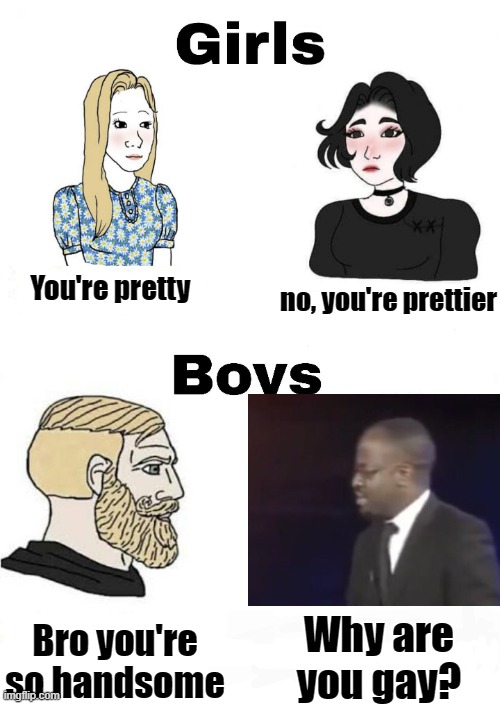 Why are you gay? | no, you're prettier; You're pretty; Bro you're so handsome; Why are you gay? | image tagged in girls vs boys | made w/ Imgflip meme maker
