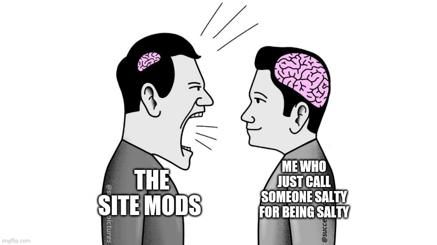 small brain yelling at big brain | THE SITE MODS ME WHO JUST CALL SOMEONE SALTY FOR BEING SALTY | image tagged in small brain yelling at big brain | made w/ Imgflip meme maker