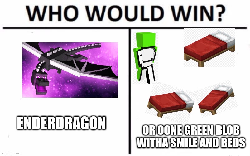 Who would win?? | ENDERDRAGON; OR OONE GREEN BLOB WITHA SMILE AND BEDS | image tagged in memes,who would win | made w/ Imgflip meme maker