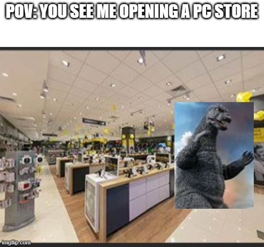 Here, I can sell you gaming PCs or custom build one for you. I also have laptops and other tech as well. (Note: No Fighting RPs) | POV: YOU SEE ME OPENING A PC STORE | image tagged in blank white template,tech,store,godzilla | made w/ Imgflip meme maker