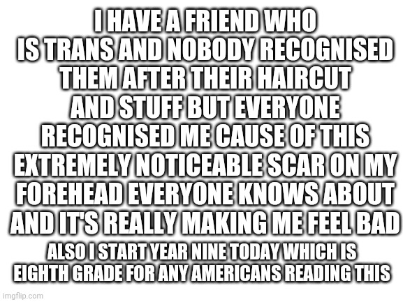 Help lol | I HAVE A FRIEND WHO IS TRANS AND NOBODY RECOGNISED THEM AFTER THEIR HAIRCUT AND STUFF BUT EVERYONE RECOGNISED ME CAUSE OF THIS EXTREMELY NOTICEABLE SCAR ON MY FOREHEAD EVERYONE KNOWS ABOUT AND IT'S REALLY MAKING ME FEEL BAD; ALSO I START YEAR NINE TODAY WHICH IS EIGHTH GRADE FOR ANY AMERICANS READING THIS | image tagged in blank white template,lgbtq | made w/ Imgflip meme maker