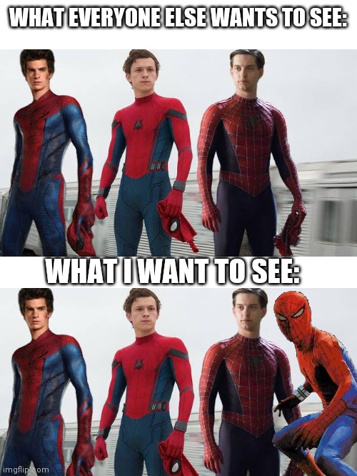 Supaidaman! | WHAT EVERYONE ELSE WANTS TO SEE:; WHAT I WANT TO SEE: | image tagged in blank white template,spiderman,no way home | made w/ Imgflip meme maker